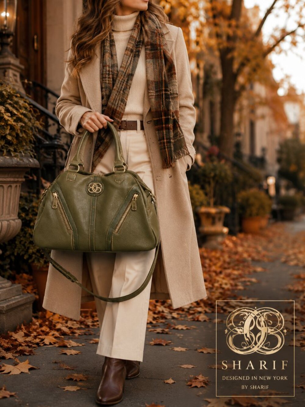 Sharif Olive Green Pebbled Satchel Handbag Crossbody Multi Pocket